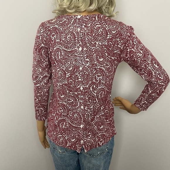 Loft Cotton Sweater Fern Print Crewneck Button Back Burgundy/Cream Size Small - Picture 7 of 12